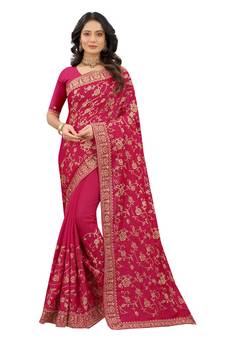 Pink Embroidered Satin Saree With Blouse