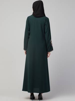 Green and Beige Koshibo Golden Thread Embroidered Abaya Dress 2