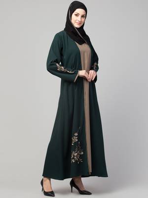 Green and Beige Koshibo Golden Thread Embroidered Abaya Dress 3