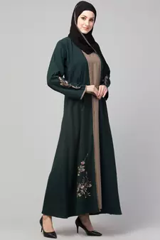 Green and Beige Koshibo Golden Thread Embroidered Abaya Dress