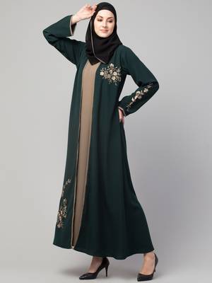Green and Beige Koshibo Golden Thread Embroidered Abaya Dress 4