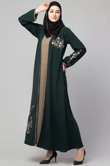 Green and Beige Koshibo Golden Thread Embroidered Abaya Dress