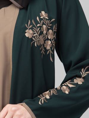Green and Beige Koshibo Golden Thread Embroidered Abaya Dress 5