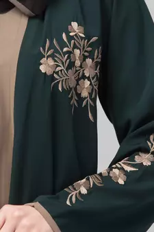Green and Beige Koshibo Golden Thread Embroidered Abaya Dress