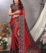 Red Color Chiffon Fabric Flower Printed With Unstitched Blouse Piece