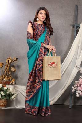Mirchi Fashion Turquoise Color Chiffon Fabric Flower Printed With Unstitched Blouse Piece 2