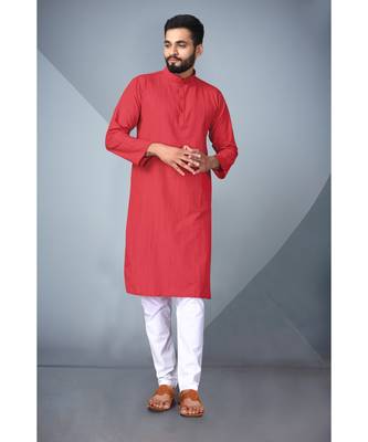 Red Cotton Styles Men's Striped Kurta. 1