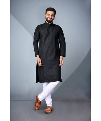 Black Cotton Styles Men's Striped Kurta. 1