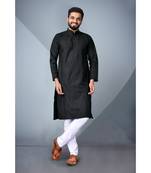 Black Cotton Styles Men's Striped Kurta.