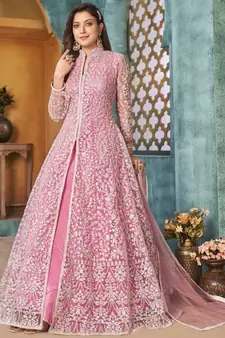Pink Traditional Embroidered Anarkali Pant Suit