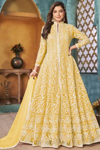 Yellow Traditional Embroidered Anarkali Pant Suit