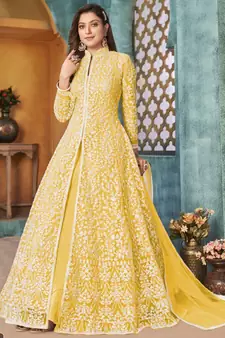 Yellow Traditional Embroidered Anarkali Pant Suit