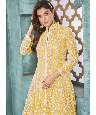 Yellow Traditional Embroidered Anarkali Pant Suit 3
