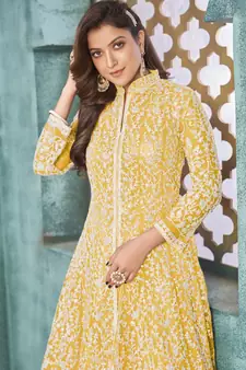 Yellow Traditional Embroidered Anarkali Pant Suit