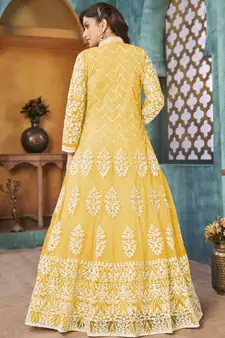 Yellow Traditional Embroidered Anarkali Pant Suit