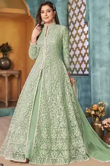 Sea Green Traditional Embroidered Anarkali Pant Suit
