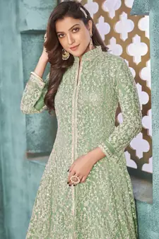 Sea Green Traditional Embroidered Anarkali Pant Suit