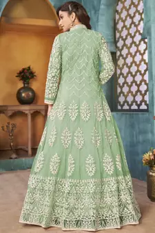 Sea Green Traditional Embroidered Anarkali Pant Suit