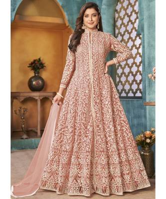 Veega Fashion Net Resham Embroidered Peach Anarkali Suit 1