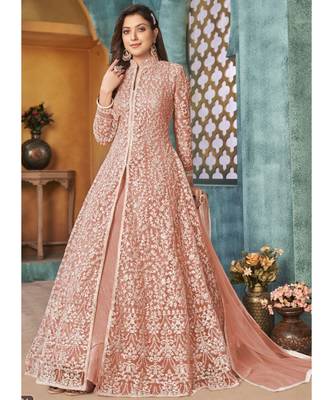 Veega Fashion Net Resham Embroidered Peach Anarkali Suit 2