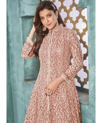 Veega Fashion Net Resham Embroidered Peach Anarkali Suit 3