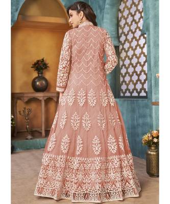 Veega Fashion Net Resham Embroidered Peach Anarkali Suit 4