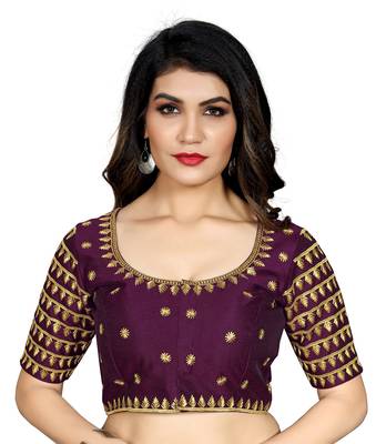 Wine Color Embroidered Work Cotton Silk Readymade Saree Blouse 1
