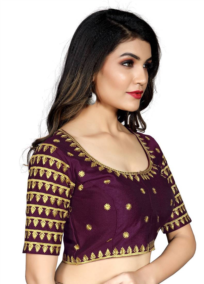 Wine Color Embroidered Work Cotton Silk Readymade Saree Blouse