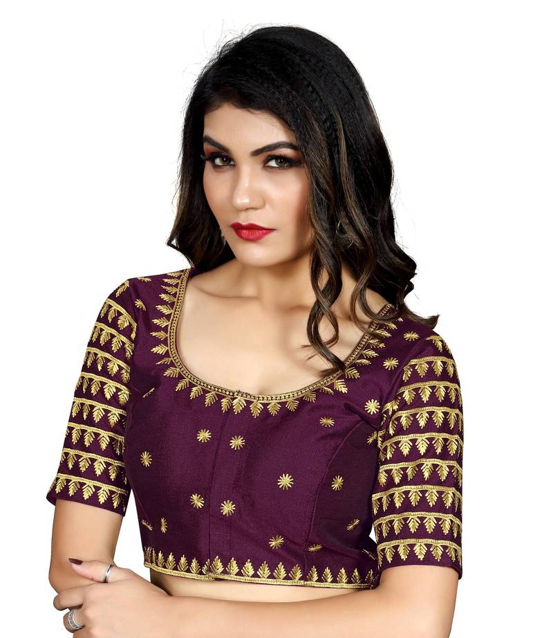 Wine Color Embroidered Work Cotton Silk Readymade Saree Blouse