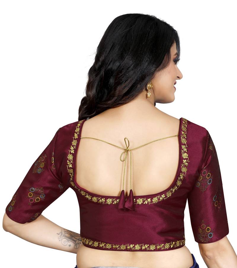 Maroon  Color Jecquard Silk Embroidered Work Readymade Saree Blouse