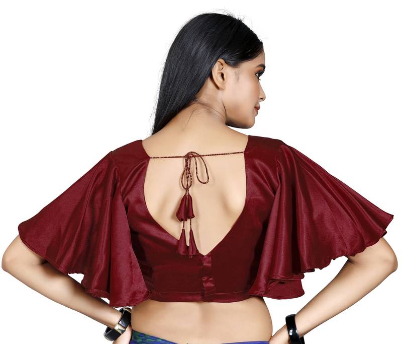 Maroon Color Plain Silk Ruffle Sleeve Blouse