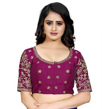 Wine Color Embroidered Work Cotton Silk Readymade Saree Blouse 1