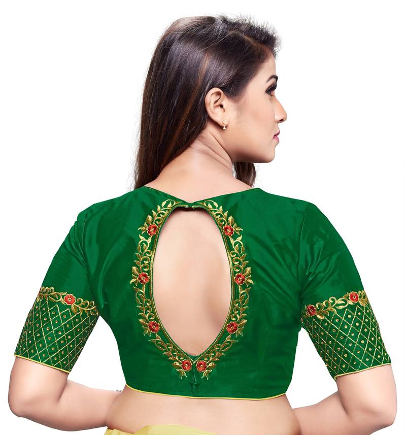 Green Color Embroidered Work  Silk Readymade Saree Blouse