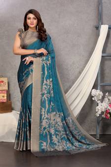 Turquoise Printed Chiffon Saree With Blouse