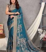 Turquoise Printed Chiffon Saree With Blouse