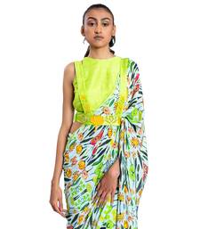 Neon Green Raw Silk Plain Saree With Blouse