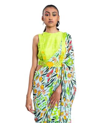 Neon Green Raw Silk Plain Saree With Blouse 2
