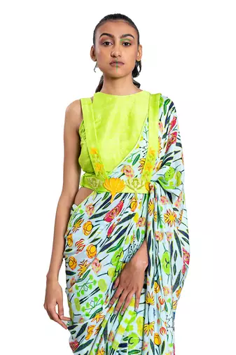Neon Green Raw Silk Plain Saree With Blouse