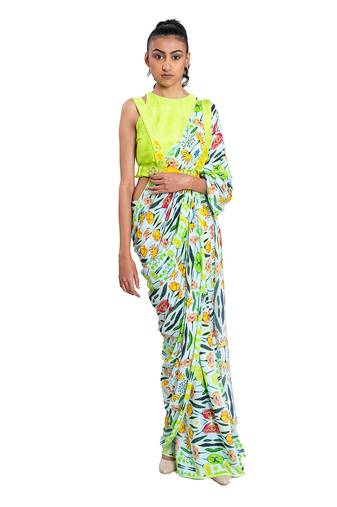Neon Green Raw Silk Plain Saree With Blouse