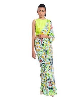 Neon Green Raw Silk Plain Saree With Blouse 1