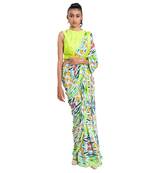 Neon Green Raw Silk Plain Saree With Blouse