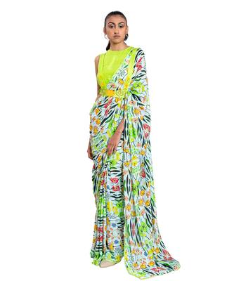Neon Green Raw Silk Plain Saree With Blouse 3