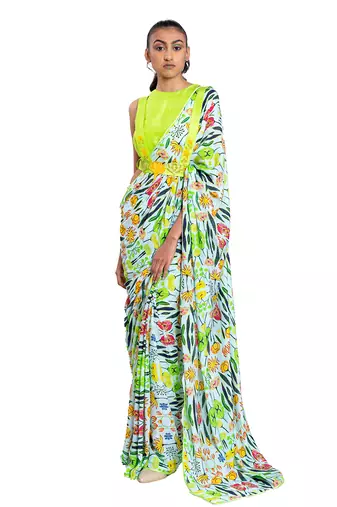 Neon Green Raw Silk Plain Saree With Blouse