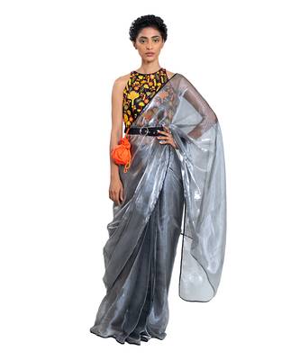 Grey Organza Plain Saree With Blouse 1