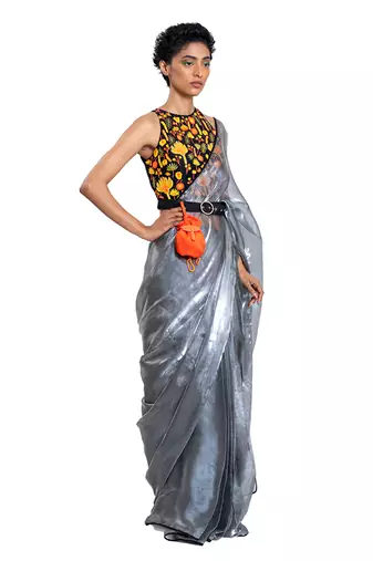 Grey Organza Plain Saree With Blouse