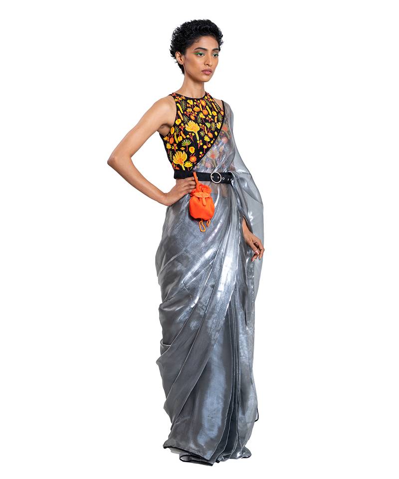 Grey Organza Plain Saree With Blouse