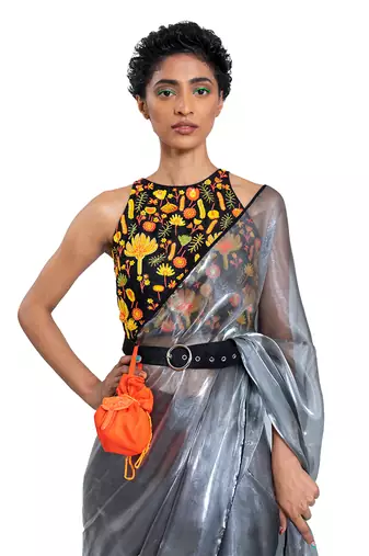 Grey Organza Plain Saree With Blouse