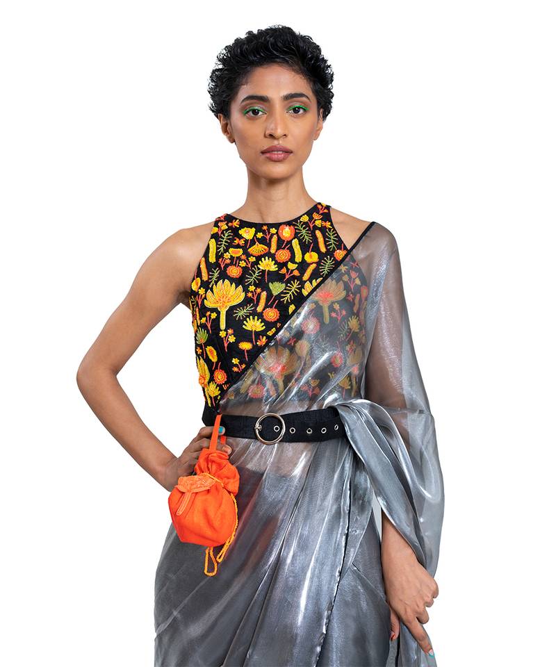 Grey Organza Plain Saree With Blouse