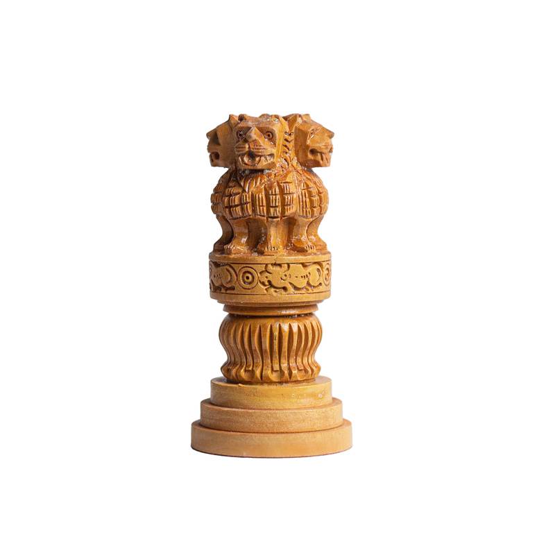 Exploring India Handicraft Small Ashoka Stambh | Natural Wood Ashoka Pillar With Indian National Emblem For Table Decor