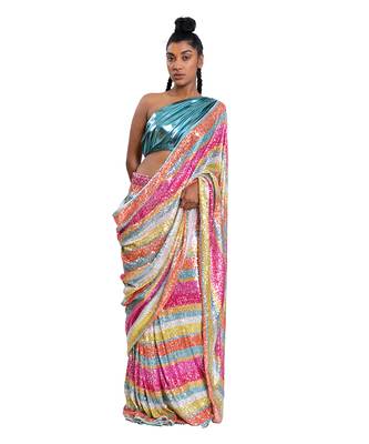 Multicolour Metallic Lycra Plain Saree With Blouse 1